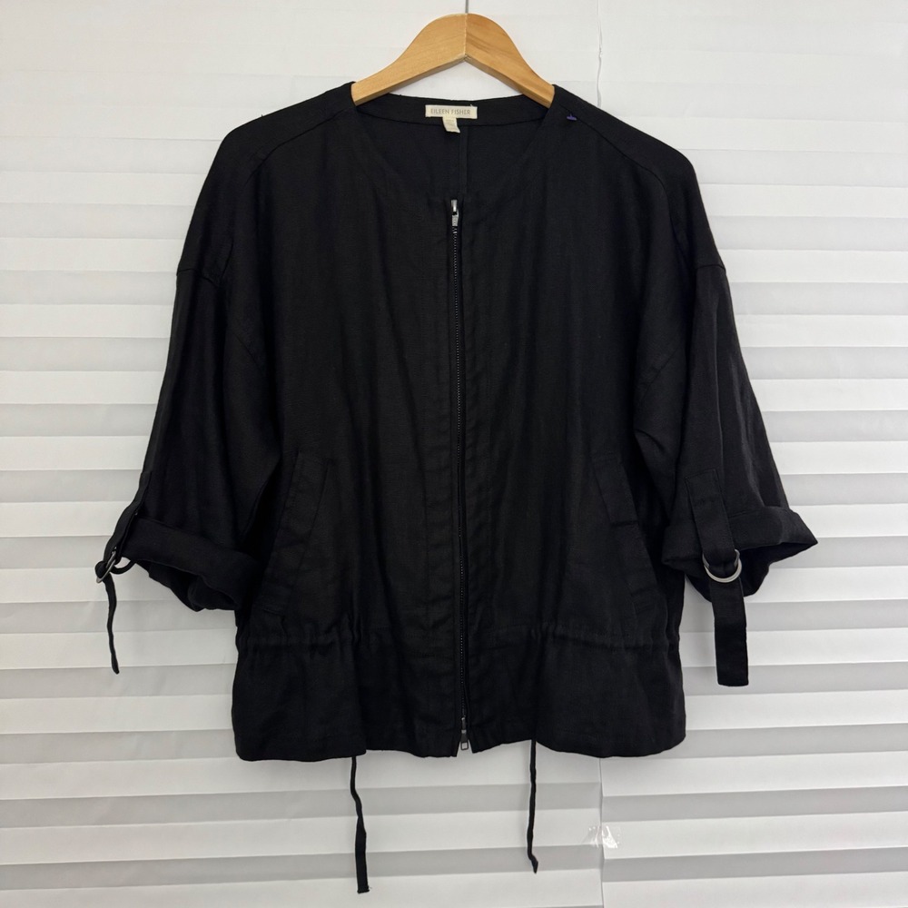 Eileen Fisher Black Organic Linen Zip Up Bomber Jacket XS Minimalist